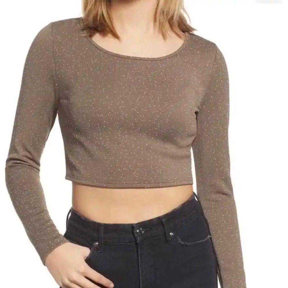 BP. Scoop Crop Long Sleeve Thick Knit Brown Dot Top size Medium